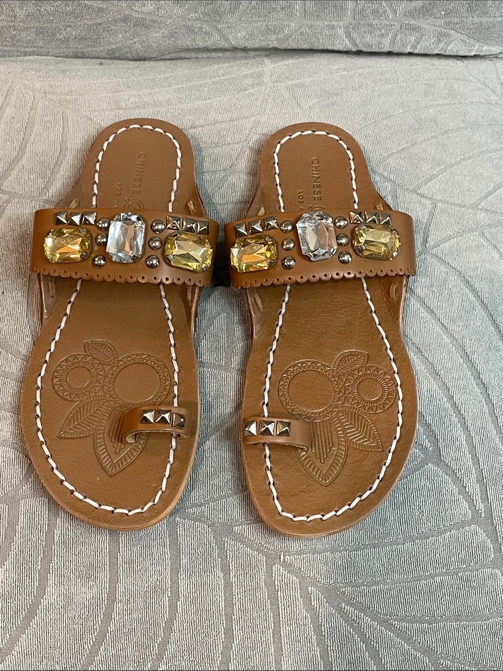 Chinese Laundry Tan Slide Sandals with Gold and Clear Jewel Accents